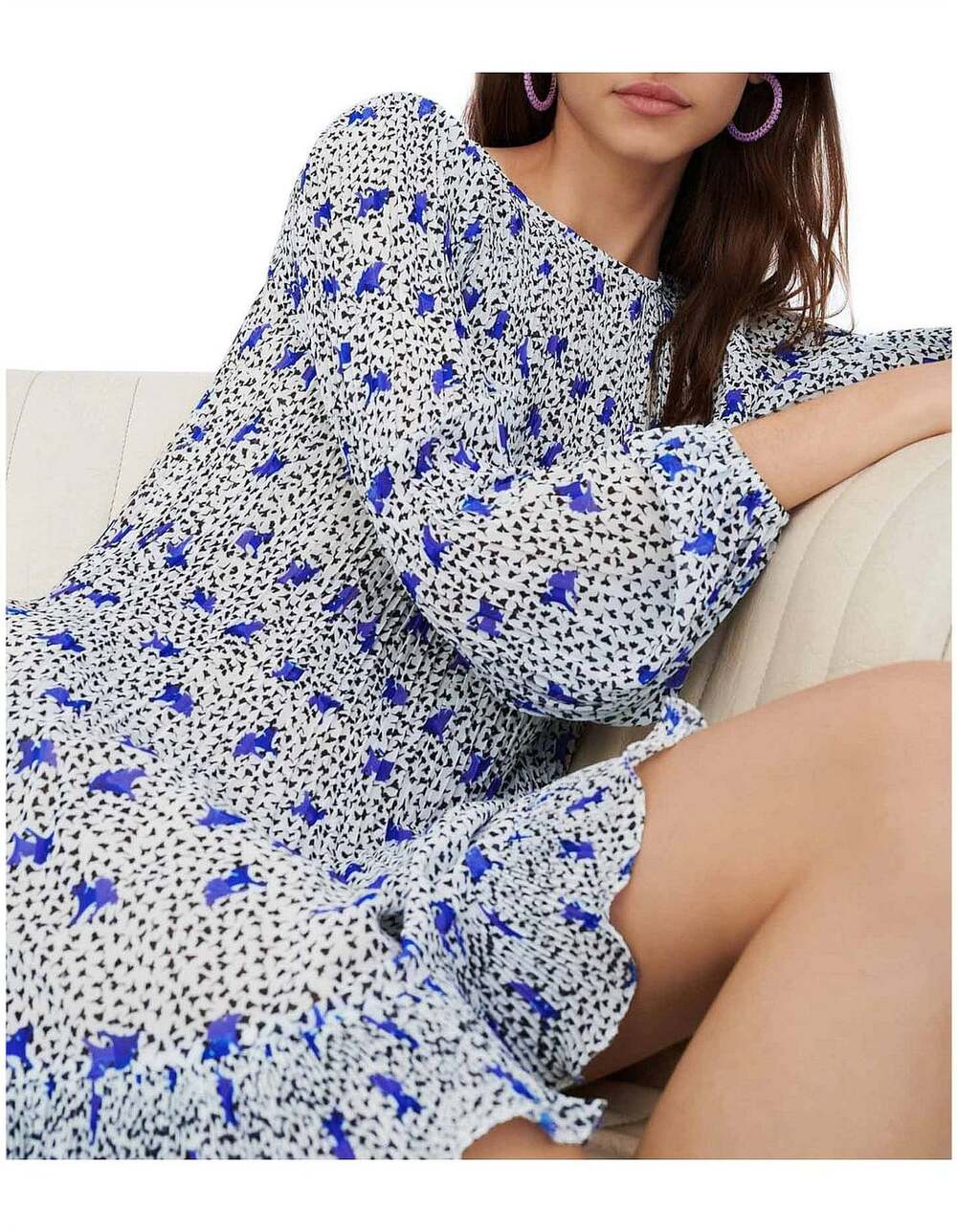 Maje Rockya Long Sleeve Pleated Ruffle Hem Patterned Mini Dress